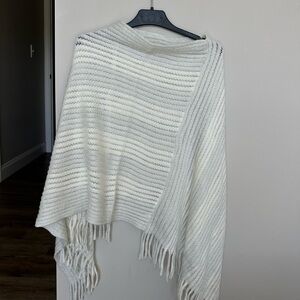Cream Knit Fringe Poncho Shawl Wrap